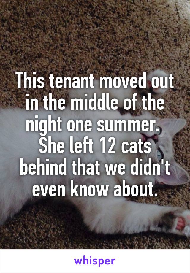 This tenant moved out in the middle of the night one summer. 
She left 12 cats behind that we didn't even know about.