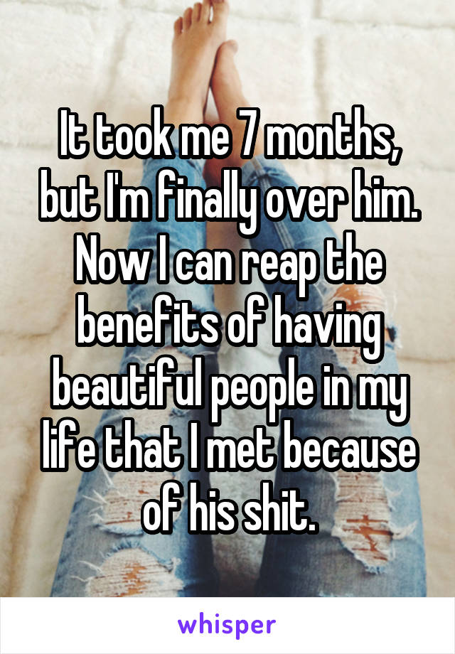 It took me 7 months, but I'm finally over him. Now I can reap the benefits of having beautiful people in my life that I met because of his shit.