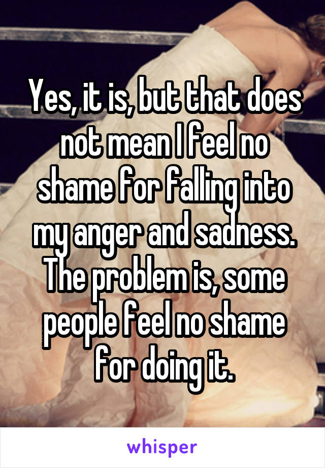 Yes, it is, but that does not mean I feel no shame for falling into my anger and sadness. The problem is, some people feel no shame for doing it.