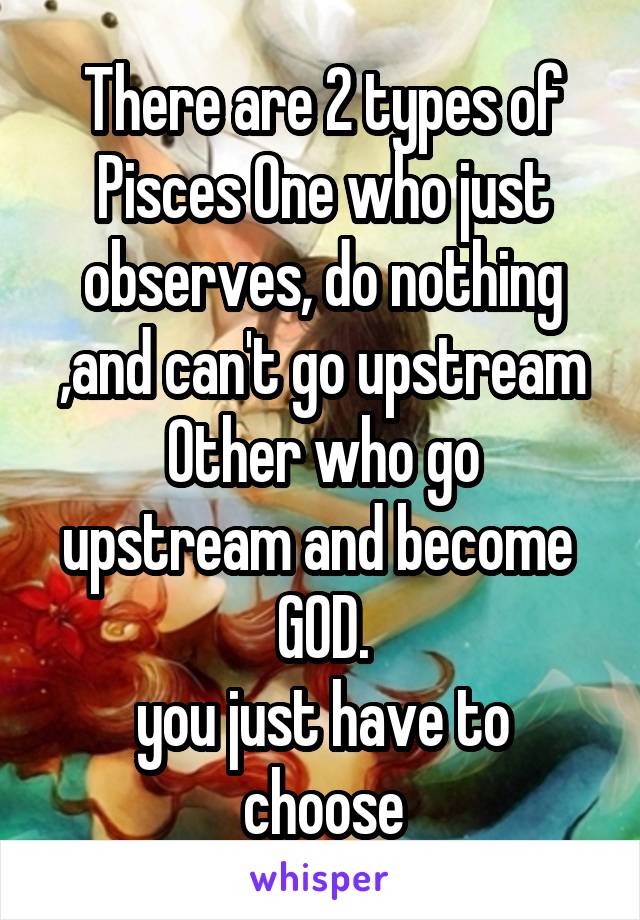 There are 2 types of Pisces One who just observes, do nothing ,and can't go upstream
Other who go upstream and become 
GOD.
you just have to choose