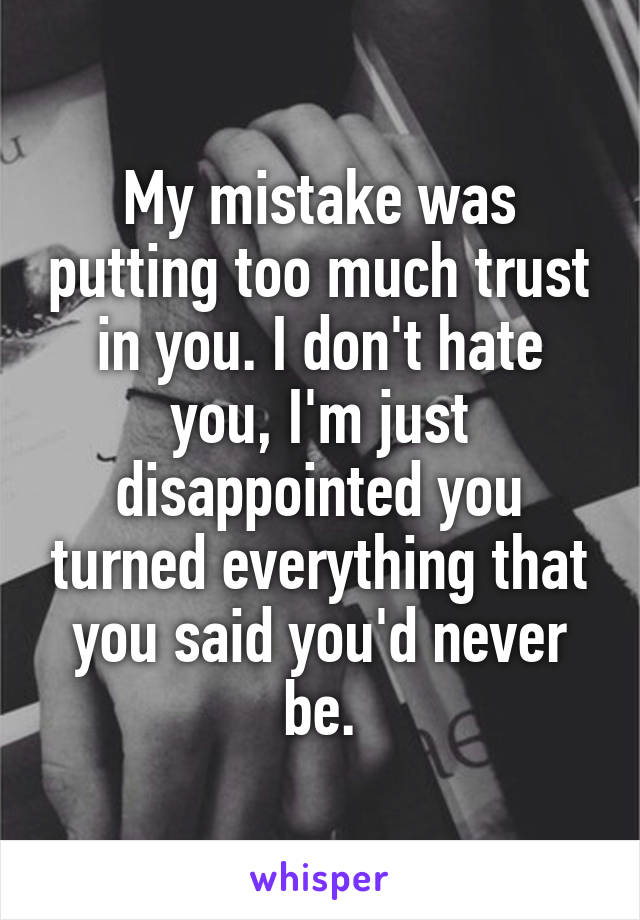 My mistake was putting too much trust in you. I don't hate you, I'm just disappointed you turned everything that you said you'd never be.
