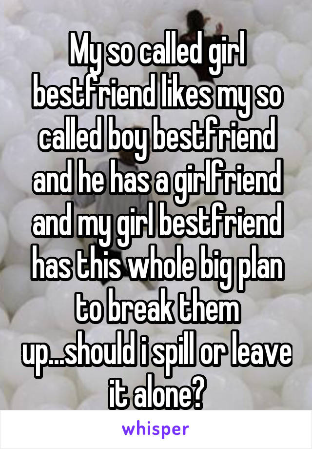 My so called girl bestfriend likes my so called boy bestfriend and he has a girlfriend and my girl bestfriend has this whole big plan to break them up...should i spill or leave it alone?