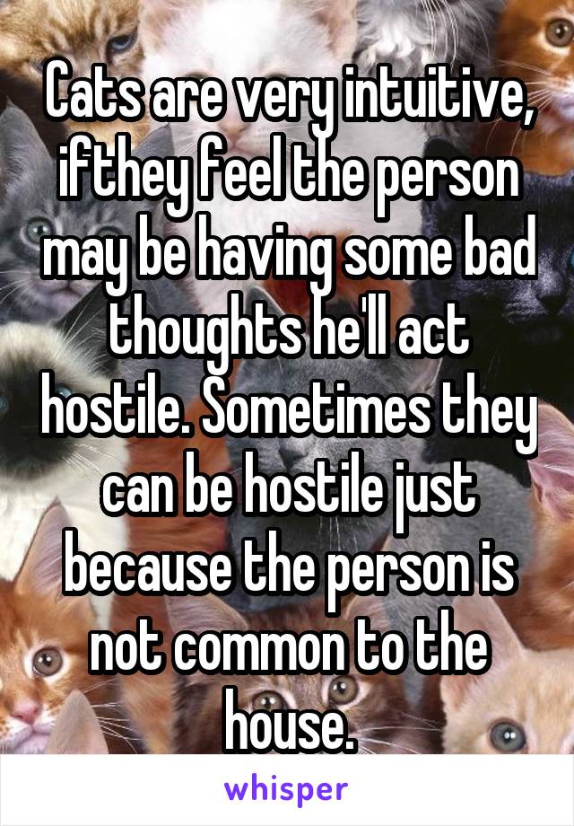 Cats are very intuitive, ifthey feel the person may be having some bad thoughts he'll act hostile. Sometimes they can be hostile just because the person is not common to the house.