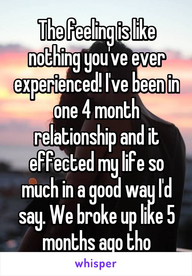 The feeling is like nothing you've ever experienced! I've been in one 4 month relationship and it effected my life so much in a good way I'd say. We broke up like 5 months ago tho