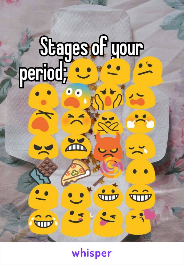 Stages of your period;😃😐😕😮😨😱😩😵😣🙅😤😠😬😈😢🍫🍕🍭😶😐😃😀😁😂😋😜😘