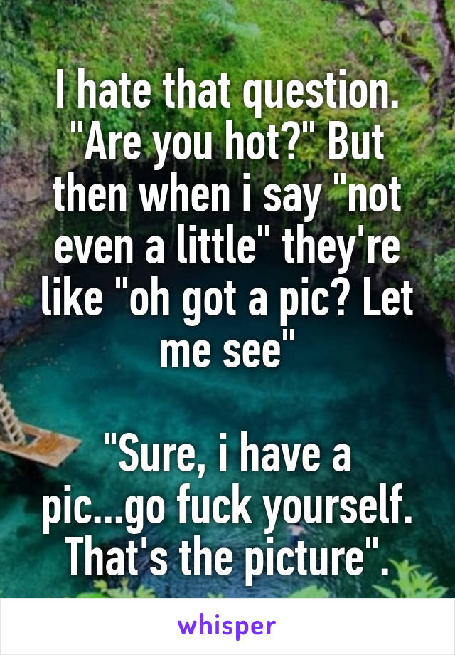 I hate that question.
"Are you hot?" But then when i say "not even a little" they're like "oh got a pic? Let me see"

"Sure, i have a pic...go fuck yourself. That's the picture".