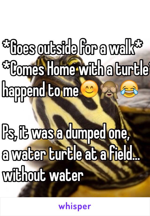 *Goes outside for a walk* 
*Comes Home with a turtle* 
happend to me😊🙈😂

Ps, it was a dumped one, 
a water turtle at a field... 
without water