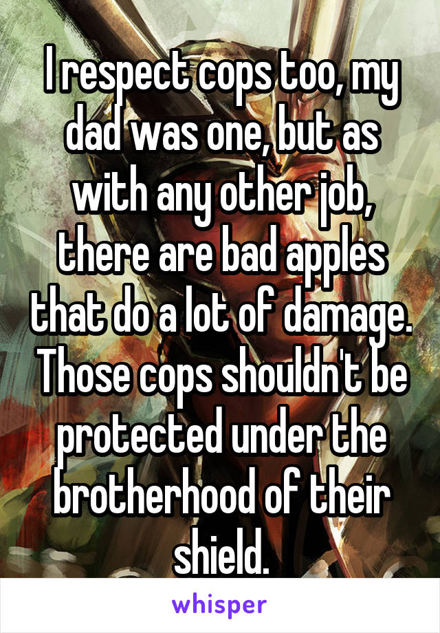 I respect cops too, my dad was one, but as with any other job, there are bad apples that do a lot of damage. Those cops shouldn't be protected under the brotherhood of their shield.