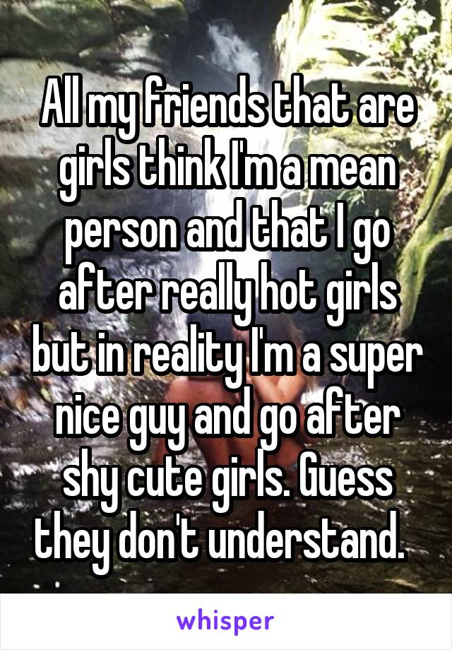 All my friends that are girls think I'm a mean person and that I go after really hot girls but in reality I'm a super nice guy and go after shy cute girls. Guess they don't understand.  