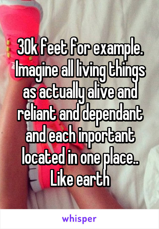 30k feet for example. Imagine all living things as actually alive and reliant and dependant and each inportant located in one place.. Like earth