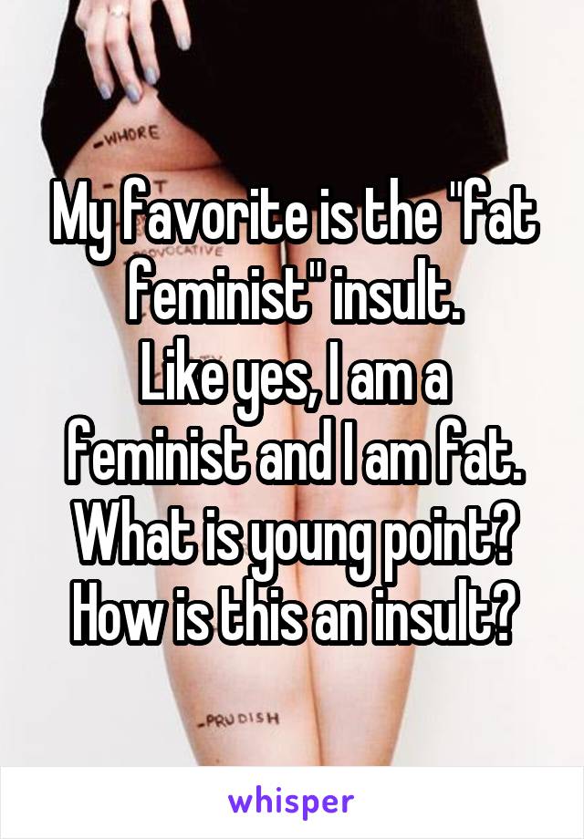 My favorite is the "fat feminist" insult.
Like yes, I am a feminist and I am fat. What is young point? How is this an insult?