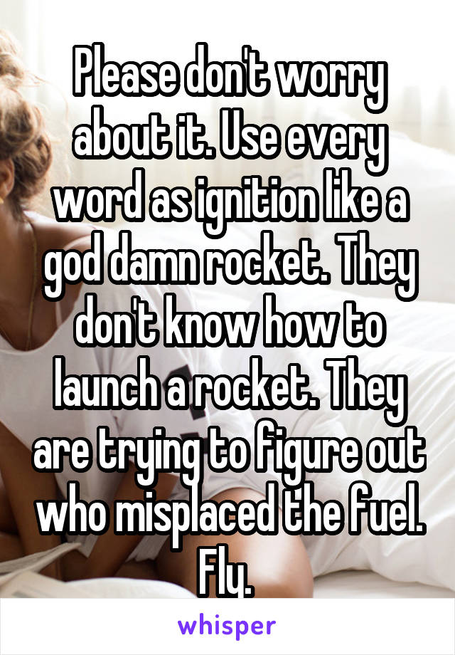 Please don't worry about it. Use every word as ignition like a god damn rocket. They don't know how to launch a rocket. They are trying to figure out who misplaced the fuel. Fly. 