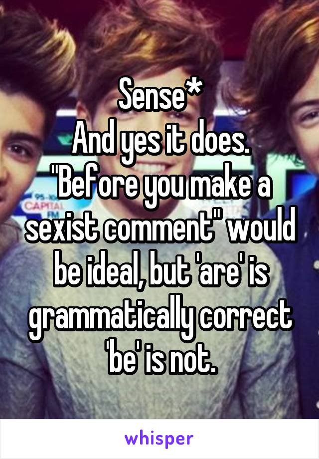 Sense*
And yes it does. "Before you make a sexist comment" would be ideal, but 'are' is grammatically correct 'be' is not.