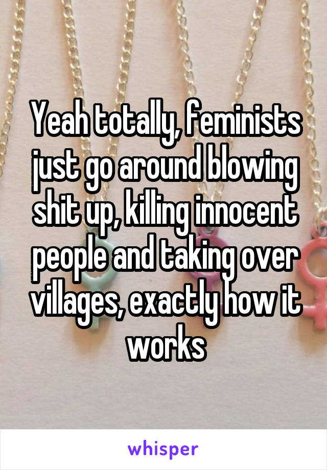 Yeah totally, feminists just go around blowing shit up, killing innocent people and taking over villages, exactly how it works