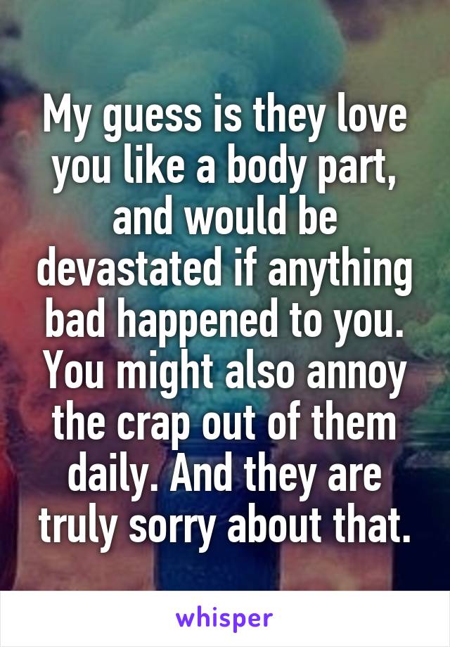 My guess is they love you like a body part, and would be devastated if anything bad happened to you. You might also annoy the crap out of them daily. And they are truly sorry about that.