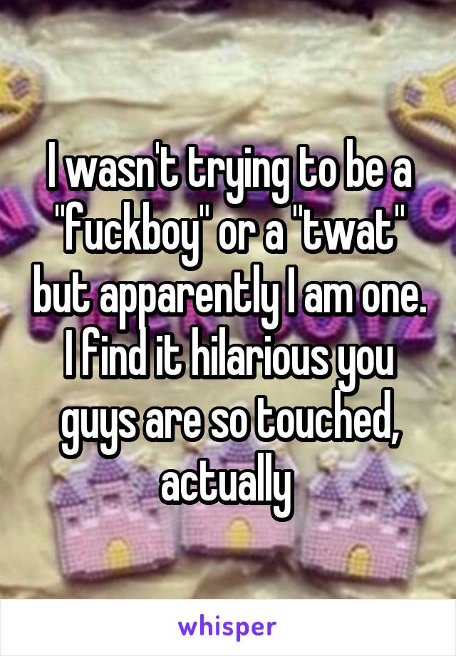 I wasn't trying to be a "fuckboy" or a "twat" but apparently I am one. I find it hilarious you guys are so touched, actually 