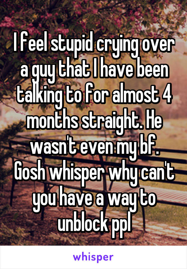 I feel stupid crying over a guy that I have been talking to for almost 4 months straight. He wasn't even my bf. Gosh whisper why can't you have a way to unblock ppl