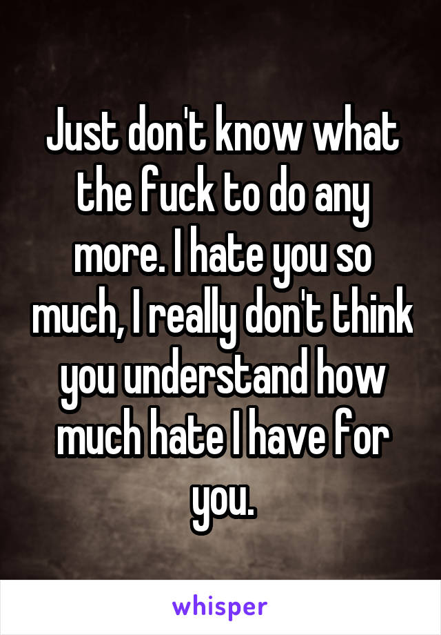 Just don't know what the fuck to do any more. I hate you so much, I really don't think you understand how much hate I have for you.