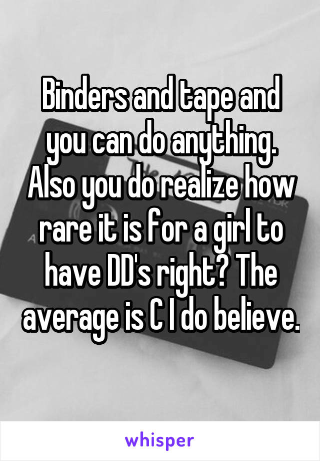 Binders and tape and you can do anything. Also you do realize how rare it is for a girl to have DD's right? The average is C I do believe. 