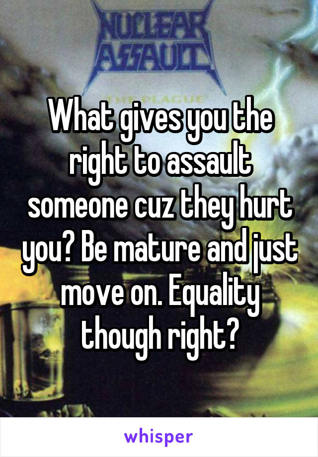 What gives you the right to assault someone cuz they hurt you? Be mature and just move on. Equality though right?