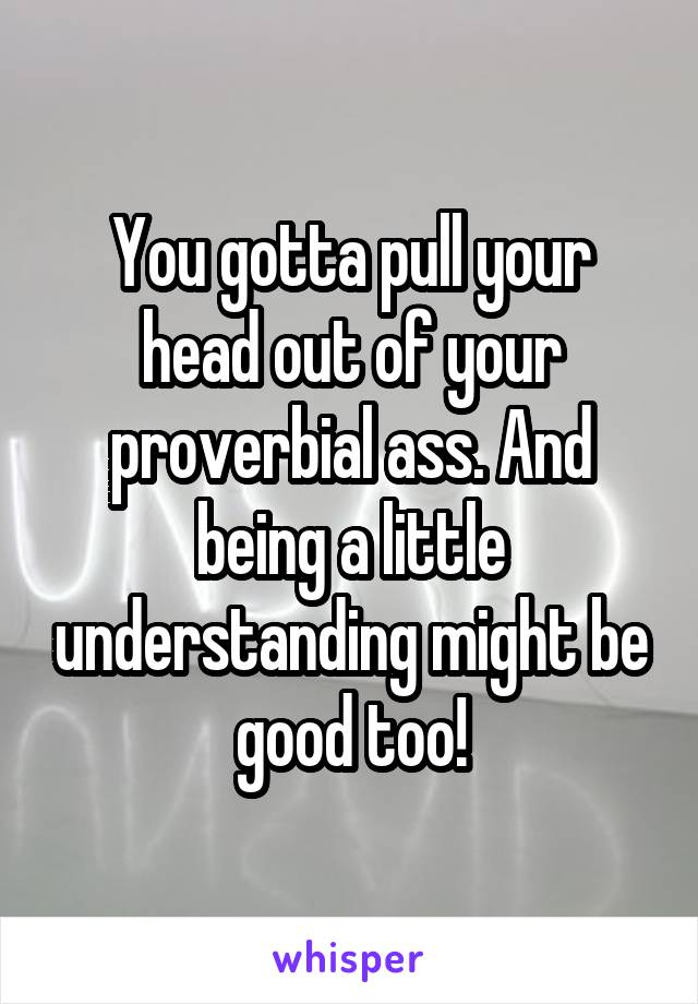 You gotta pull your head out of your proverbial ass. And being a little understanding might be good too!