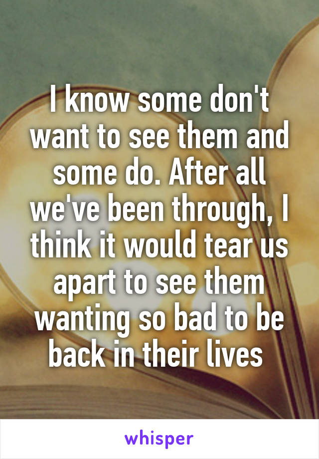 I know some don't want to see them and some do. After all we've been through, I think it would tear us apart to see them wanting so bad to be back in their lives 