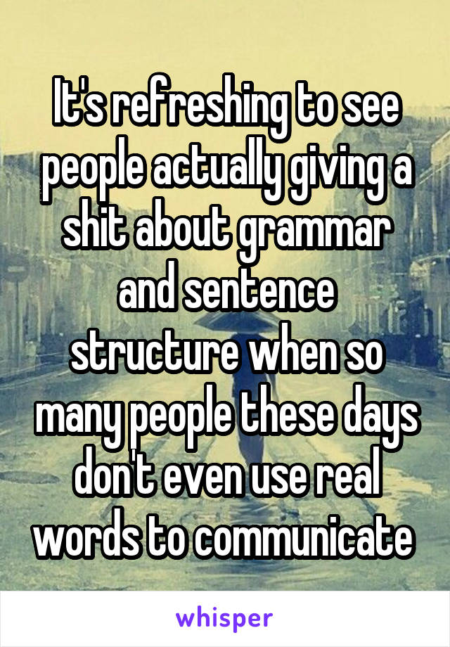 It's refreshing to see people actually giving a shit about grammar and sentence structure when so many people these days don't even use real words to communicate 