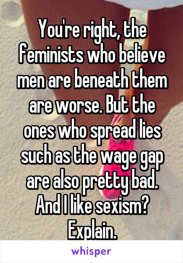 You're right, the feminists who believe men are beneath them are worse. But the ones who spread lies such as the wage gap are also pretty bad.
And I like sexism? Explain.