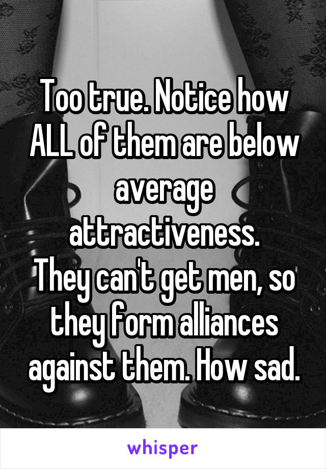 Too true. Notice how ALL of them are below average attractiveness.
They can't get men, so they form alliances against them. How sad.