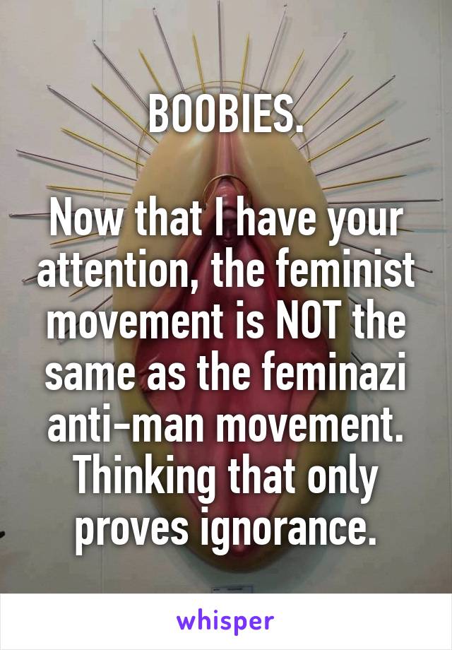 BOOBIES.

Now that I have your attention, the feminist movement is NOT the same as the feminazi anti-man movement.
Thinking that only proves ignorance.