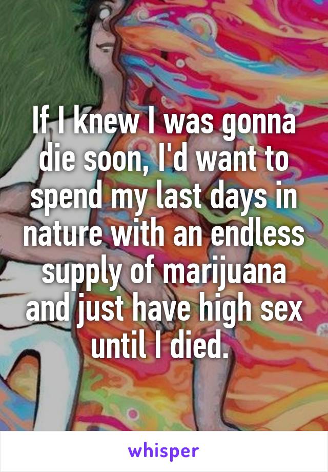 If I knew I was gonna die soon, I'd want to spend my last days in nature with an endless supply of marijuana and just have high sex until I died. 