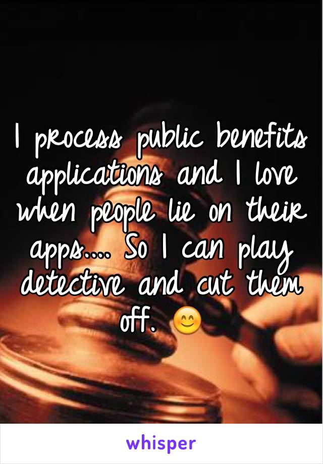 I process public benefits applications and I love when people lie on their apps.... So I can play detective and cut them off. 😊