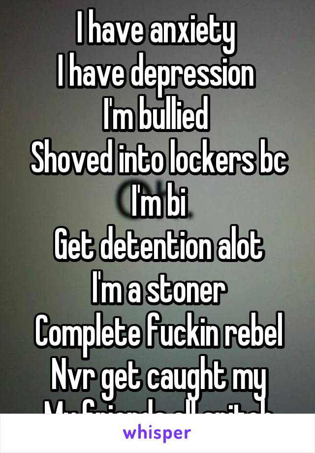I have anxiety 
I have depression 
I'm bullied 
Shoved into lockers bc I'm bi
Get detention alot
I'm a stoner
Complete fuckin rebel
Nvr get caught my
My friends all snitch