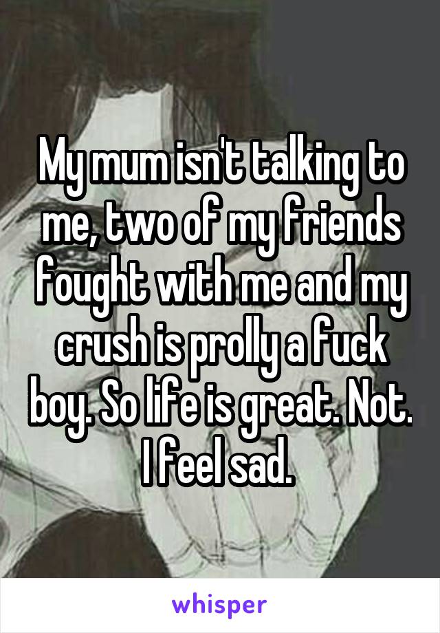My mum isn't talking to me, two of my friends fought with me and my crush is prolly a fuck boy. So life is great. Not. I feel sad. 