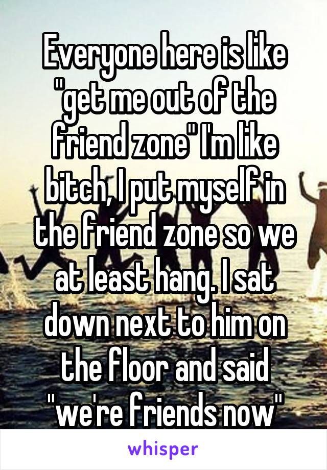 Everyone here is like "get me out of the friend zone" I'm like bitch, I put myself in the friend zone so we at least hang. I sat down next to him on the floor and said "we're friends now"