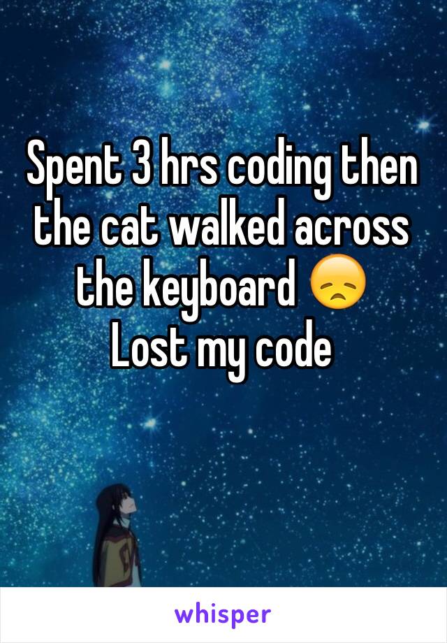 Spent 3 hrs coding then the cat walked across the keyboard 😞
Lost my code
