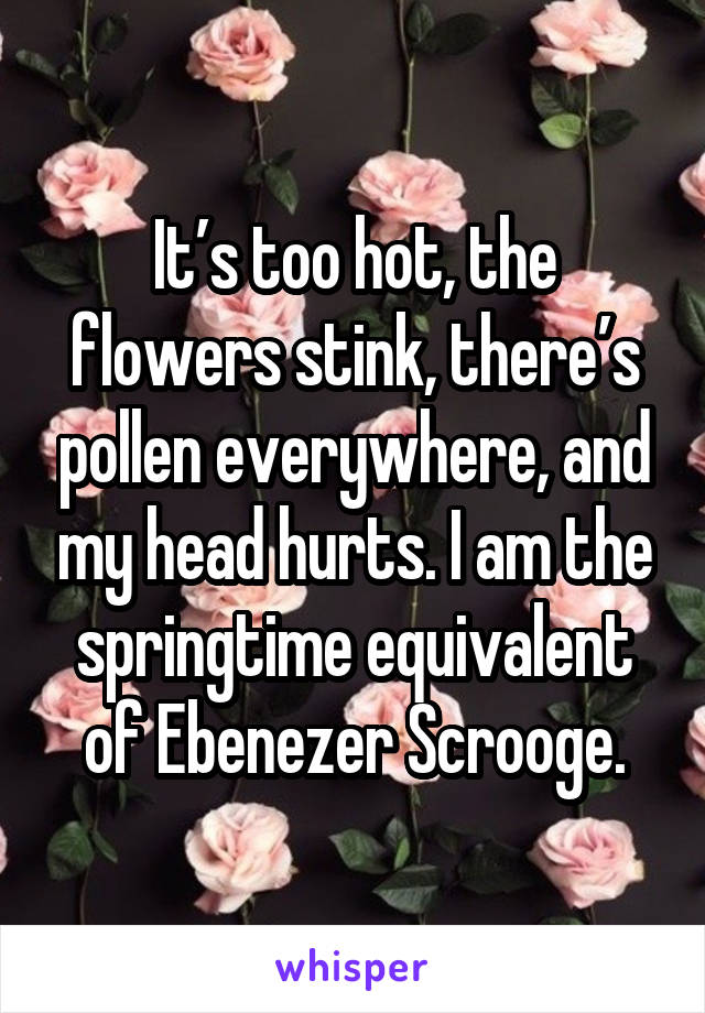 It’s too hot, the flowers stink, there’s pollen everywhere, and my head hurts. I am the springtime equivalent of Ebenezer Scrooge.
