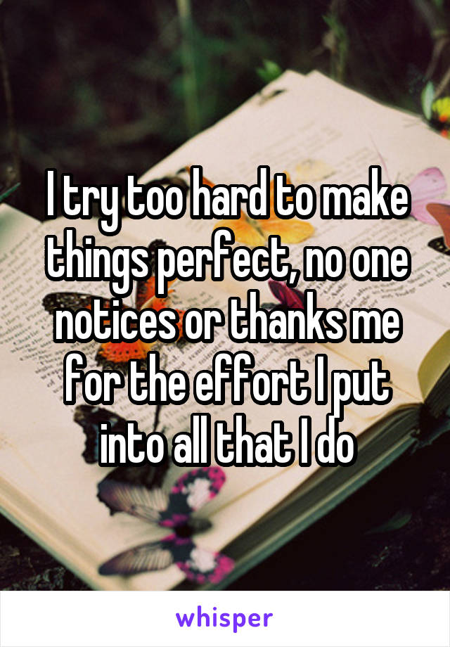 I try too hard to make things perfect, no one notices or thanks me for the effort I put into all that I do
