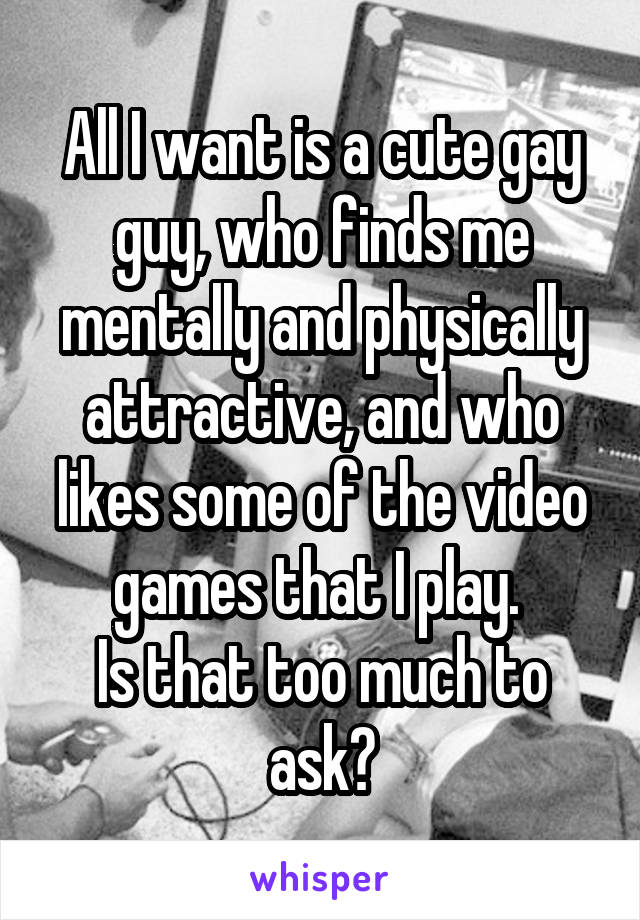 All I want is a cute gay guy, who finds me mentally and physically attractive, and who likes some of the video games that I play. 
Is that too much to ask?
