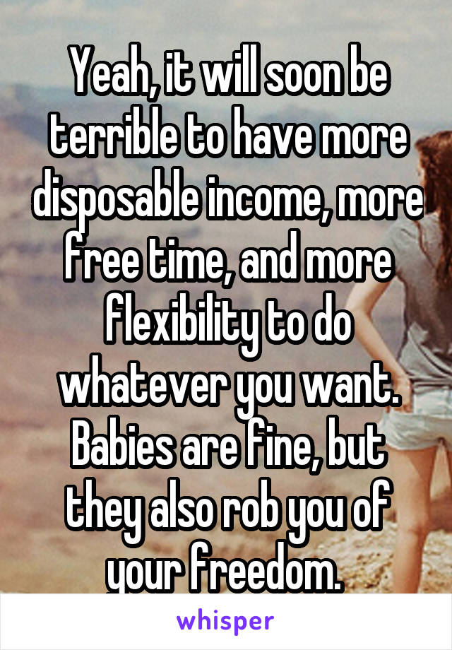 Yeah, it will soon be terrible to have more disposable income, more free time, and more flexibility to do whatever you want. Babies are fine, but they also rob you of your freedom. 