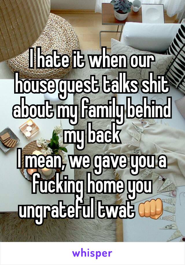I hate it when our house guest talks shit about my family behind my back
I mean, we gave you a fucking home you ungrateful twat👊