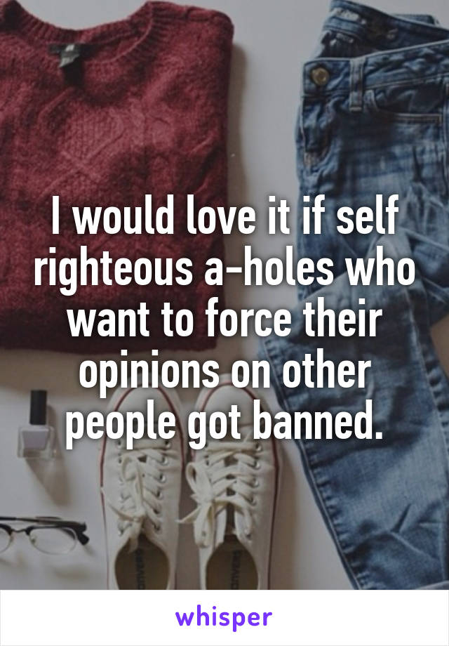 I would love it if self righteous a-holes who want to force their opinions on other people got banned.