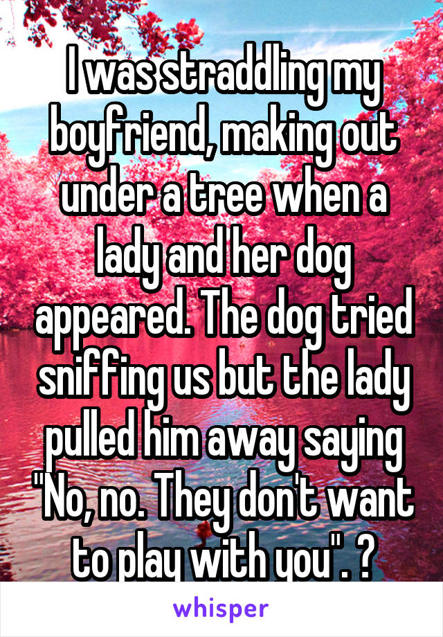 I was straddling my boyfriend, making out under a tree when a lady and her dog appeared. The dog tried sniffing us but the lady pulled him away saying "No, no. They don't want to play with you". 😶