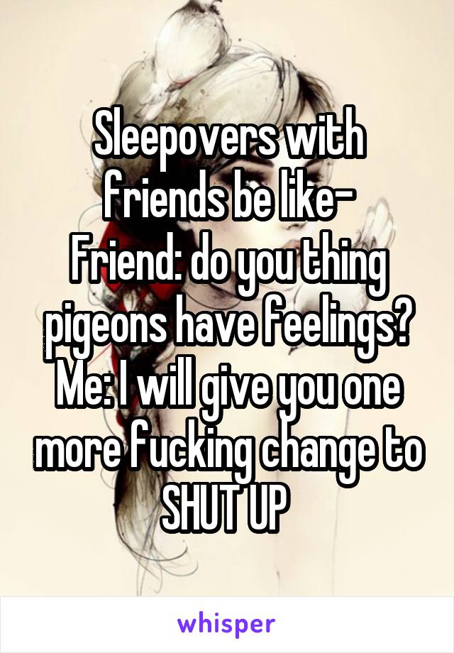 Sleepovers with friends be like-
Friend: do you thing pigeons have feelings?
Me: I will give you one more fucking change to SHUT UP 