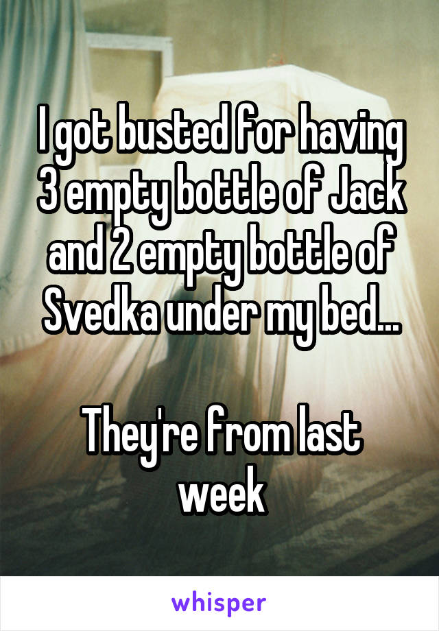I got busted for having 3 empty bottle of Jack and 2 empty bottle of Svedka under my bed...

They're from last week