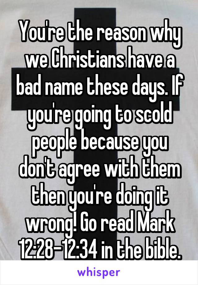 You're the reason why we Christians have a bad name these days. If you're going to scold people because you don't agree with them then you're doing it wrong! Go read Mark 12:28-12:34 in the bible.