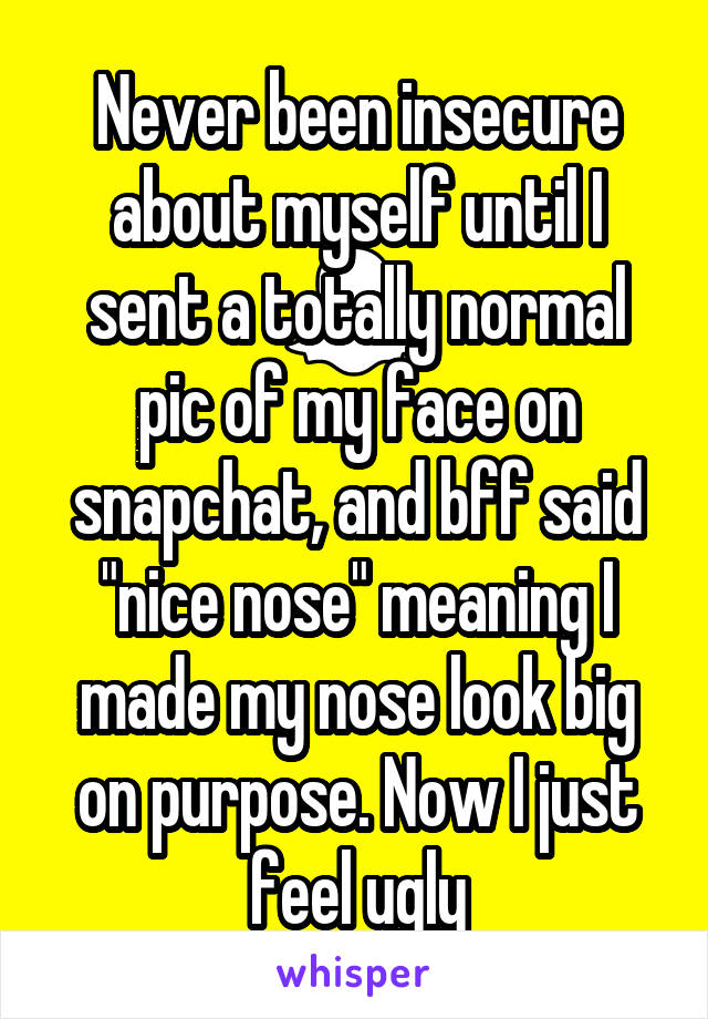 Never been insecure about myself until I sent a totally normal pic of my face on snapchat, and bff said "nice nose" meaning I made my nose look big on purpose. Now I just feel ugly