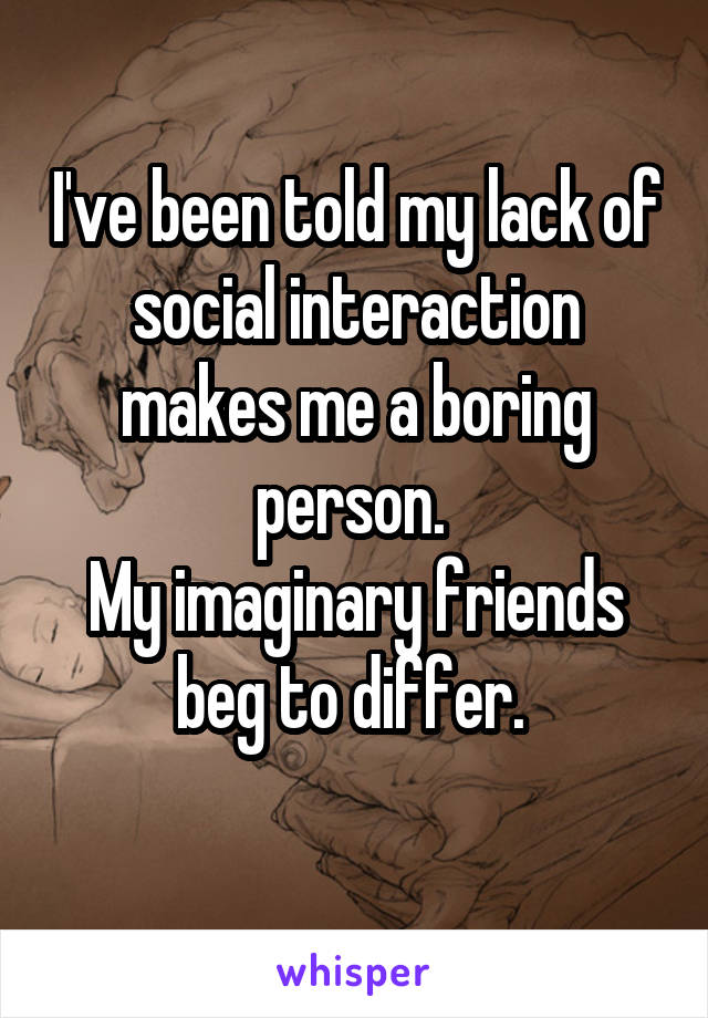 I've been told my lack of social interaction makes me a boring person. 
My imaginary friends beg to differ. 
