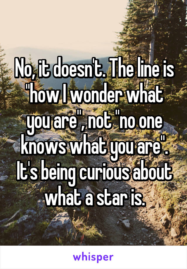 No, it doesn't. The line is "how I wonder what you are", not "no one knows what you are". It's being curious about what a star is.