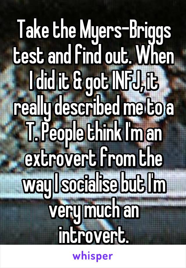 Take the Myers-Briggs test and find out. When I did it & got INFJ, it really described me to a T. People think I'm an extrovert from the way I socialise but I'm very much an introvert.